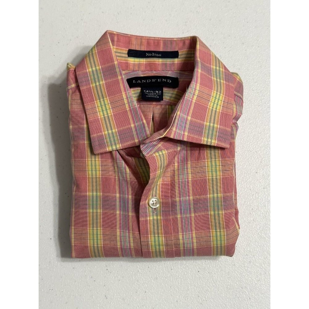 Lands' End Button Down Pink Plaid Dress Shirt No Iron Tailored Fit Shirt 14.5 32